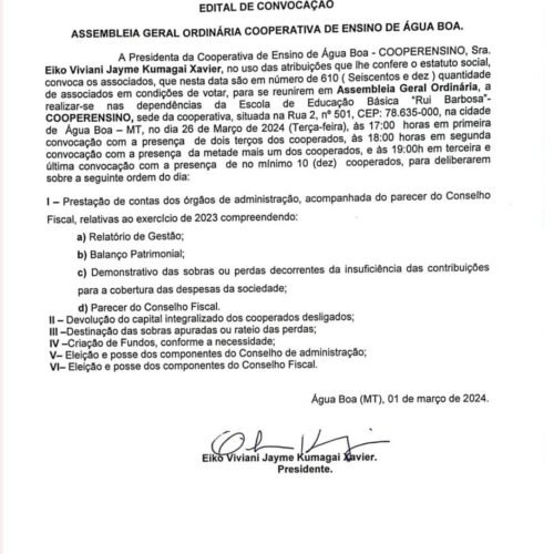 Escola Cooperensino de Água Boa realizará Assembleia Geral Ordinária