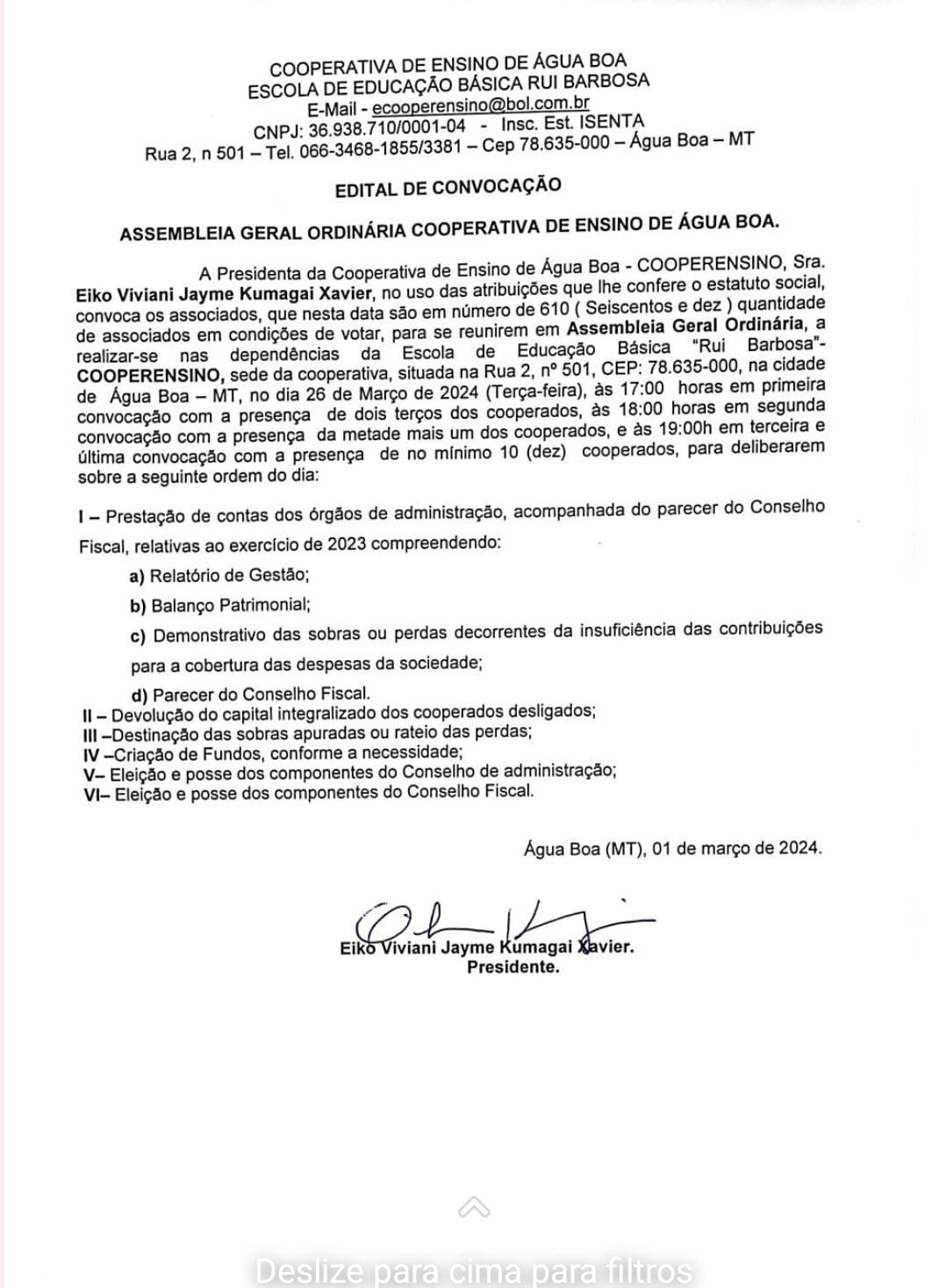 Escola Cooperensino de Água Boa realizará Assembleia Geral Ordinária