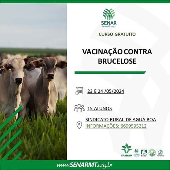 Senar oferece curso gratuito de vacinação contra brucelose em Água Boa