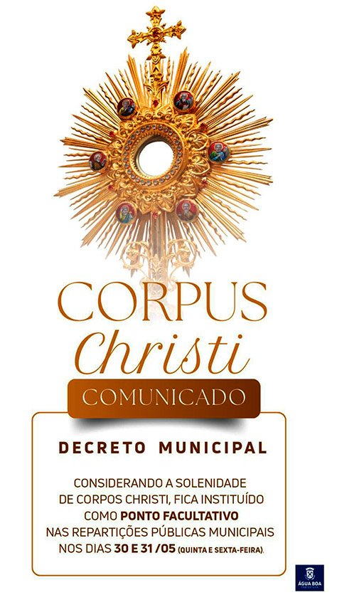 Corpus Christi terá feriadão prolongado nas repartições públicas