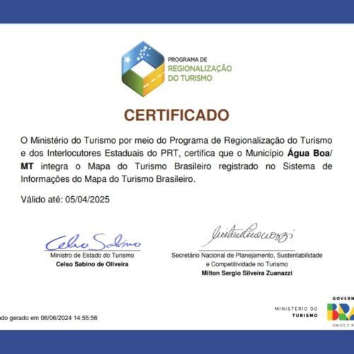 Água Boa recebe certificado de integração no Mapa do Turismo Brasileiro