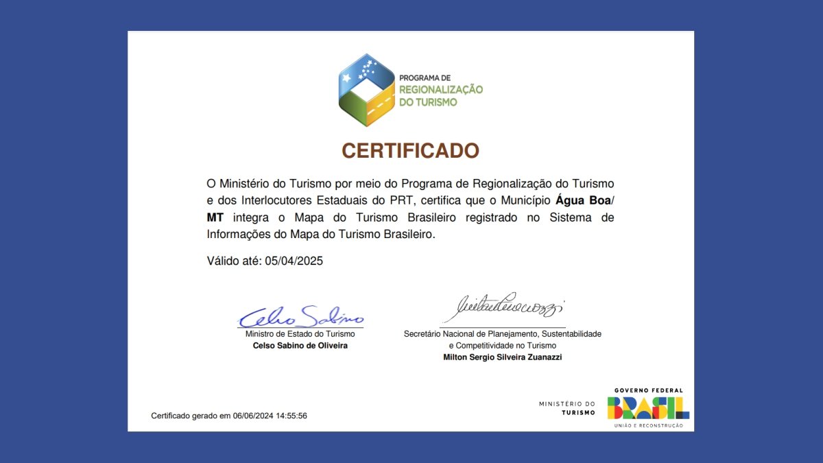 Água Boa recebe certificado de integração no Mapa do Turismo Brasileiro