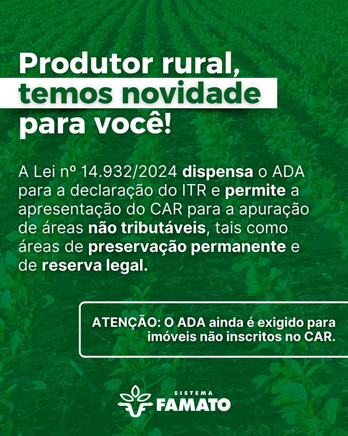 Lei dispensa ADA para a declaração do ITR